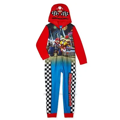 MARIO KART Boys Pajamas Size 4-12 One Piece Union Suit Hoodie Super Costume NWT • $29.85