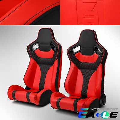 Universal Main Black + Red Side Reclinable PVC Leather Sport Racing Seats Pair • $313.98