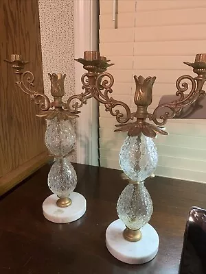 Pair Of Vintage Marble Crystal And Brass Candelabras Made In Romania • $50