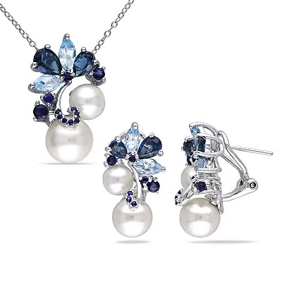 Amour Sterling Silver Cultured FW Pearl Blue Topaz Sapphire Necklace & Earrings • $281.49