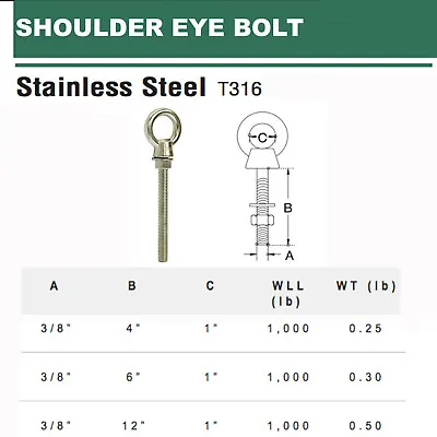 Stainless Steel Marine Shoulder Eye Bolt SS316 Fully Threaded 4   6   12  • $13.99