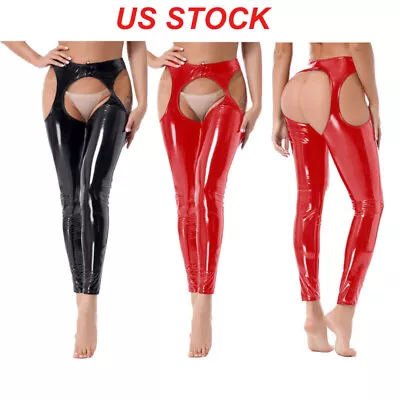 Womens Wet Look Patent Leather Skinny Pants Crotchless Cutout Leggings Clubwear • $14.39