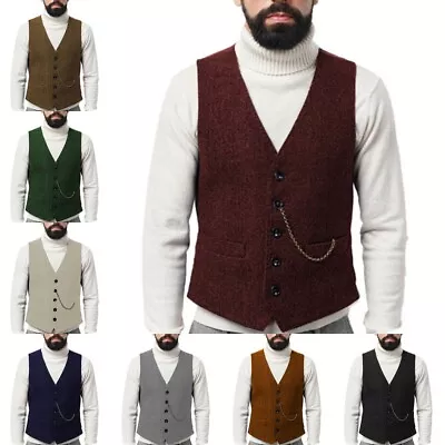 Men's Tweed Waistcoat Vintage Retro Herringbone Blend Formal Groomsman Suit Vest • £29.99