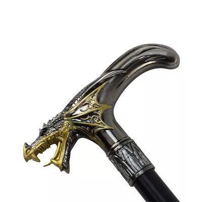 Golden Winged Dragon T Handle Metal Cane 2pc Steel Shaft Travel Walking Stick • $43.48