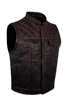 Men's Black Leather Vest Motorcycle Concealed Red Thread Diamond Cuts Waistcoat • $89.99