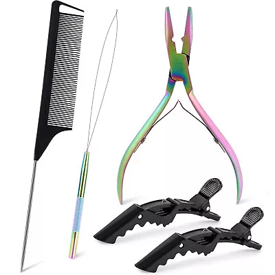 Hair Extension Beading Kit Microlink Pliers Loop Pulling Hook Clips Comb DIY Set • $14.55