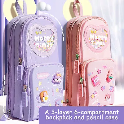 Large Pencil Case Backpack Shape 3Layer 6 Pockets Stationery Holder Bag Girls • $15.64