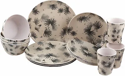 16-Piece Melamine Dinner Set Camping Crockery Plates Bowls & Tumblers Set For 4 • £44.99