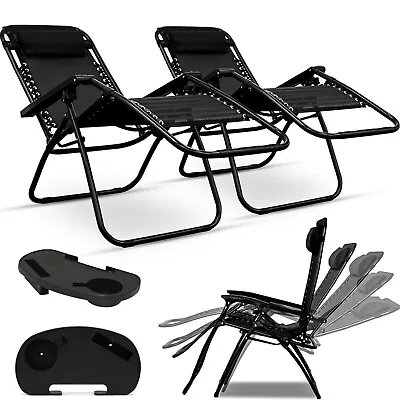 Zero Gravity Reclining Chair Garden Sun Lounger Folding With Pillow Black • £59.85