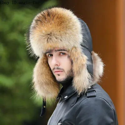 Men's Real Fox Fur Hat Russian Ushanka Cossack Trapper Hat Real Leather Cap • $34