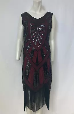 Metme Beaded Sequin Great Gatsby 1920's Flapper Dress Large 12-14 NWT Black Red • $49.99