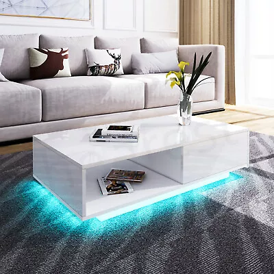 High Gloss LED Modern Coffee Table Wooden Drawer Storage Black/White Living Room • £135.99