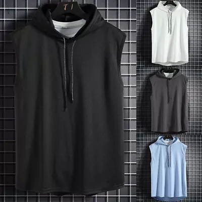 Men Sleeveless Sweater Hoodie Summer Vest With Hood T-shirt Hip Hop Casual Tops • $12.72