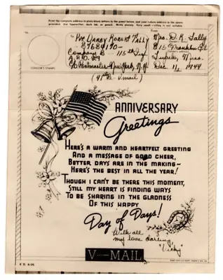 1944 WWII Illustrated V-Mail - To APO 29 Anniversary Greetings • $17.50