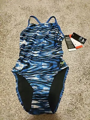 $26.99 • Buy SPEEDO  ONE-piece Swimsuit Cross Strap Back Blue, White, Black Stripe Size 8 NWT