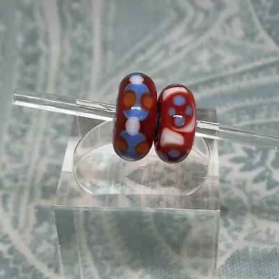 Authentic Trollbeads OOAK Bright Red-Orange White & Blue Set On UU Cores New • $55