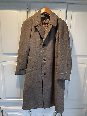 Vintage Harris Tweed Coat Mens Large Brow Handwoven Wool Trench Overcoat 50s • $120