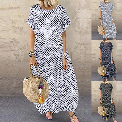 £4.29 • Buy Women Polka Dot Short Sleeve Maxi Dress Ladies Kaftan Baggy Sundress Plus Size