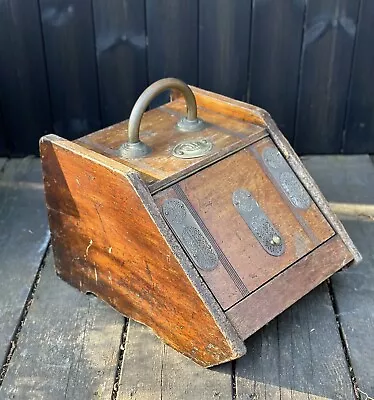Antique Wooden Coal Scuttle Box Brass Handle • £49