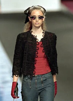 $850 • Buy CHANEL 2000 Spring 00T Black Cotton Sheer Crochet Lace Light Vintage Jacket 40