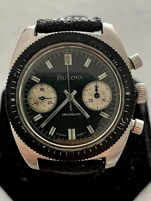 Vintage Bulova Incabloc 666 Chronograph Diver  Valjoux 7733 Black Dial Panda • $900