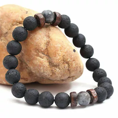 Men Women Natural Stone Lava Rock Diffuser Bracelet Elastic Yoga Agate Bead • $10.84