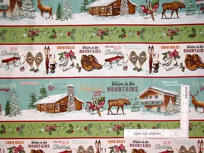 Christmas Cabin Sled Ski Stripe Fabric Northcott Spruce Mountain By The Yard • £10.59