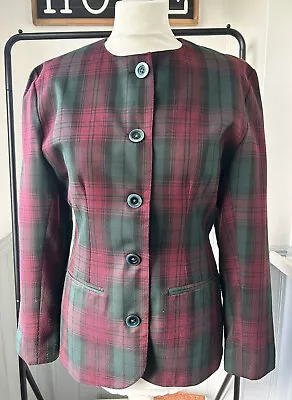 Vintage Jacket Size S Red Green Check Collarless Buttons Tartan 10/12 Vivienne • $29.84