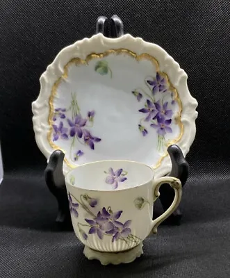 T&V Limoges Demitasse Tea Cup & Saucer Painted Purple Flowers Gold Trim • $55