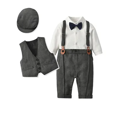 3PCS Baby Boy Gentleman Outfit Bowtie Jumpsuit + Vest + Hat Wedding Suit Set UK • £14.91