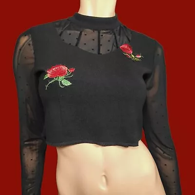 Vintage 90s Y2K Fairy Grunge Goth Crop Top Mesh Sleeves Embroidered Roses Size S • $21.63