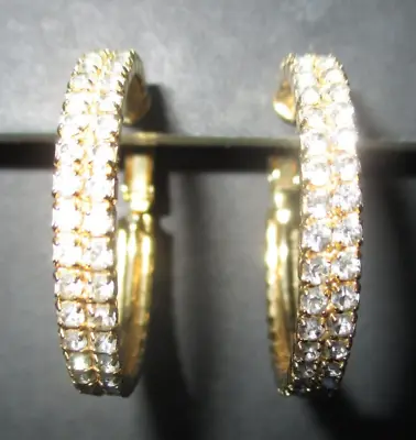 Vtg 1960s LES BERNARD Prong Set Rhinestone Screw Back Hoop Gold Tone Earrings • $15.95