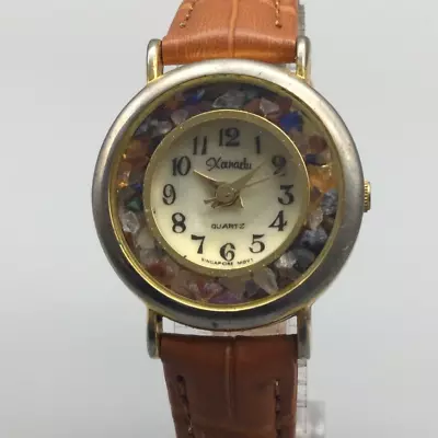 Vintage Xanadu Watch Women Gold Tone Stones Bezel MOP Leather Band New Battery • $27.99