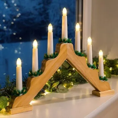 Christmas Candle Bridge Arch 7 Bulb Natural Home Decor Wooden Light Xmas Window • £10.99