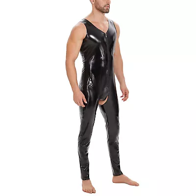 Men's Zip Bodysuit PVC Kinky Wetlook Clubwear Catsuit Fetish Faux Leather • £22.99
