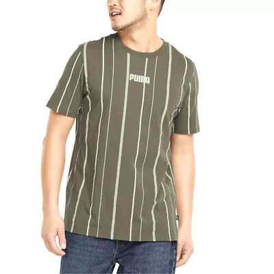 Puma Modern Basics Striped Crew Neck Short Sleeve T-Shirt Mens Green Casual Tops • $9.99