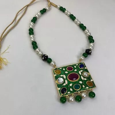 Green Meenakari Ethnic Indian Pearl Necklace Earrings/Navratri Necklace Set • $16.15