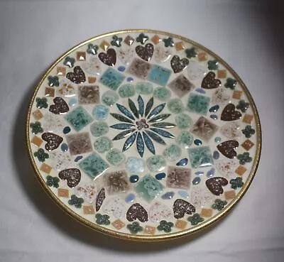 Vtg. Retro  Mosaic Ceramic Folk Art Tile Serving Plate / Bowl 9 3/4 Teal Brown • $16.22