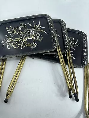 Cal Dak Vintage Metal Tv Trays Folding W/stand Toleware  Flowers Set Of 3 • $160