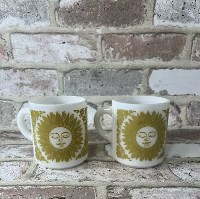 Vintage Milk Glass Celestial Sun Mugs Set Of 2 White & Gold Retro Coffee Cup • $35