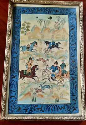 Antique Persian Original Oil Painting  Hunting Scene On Horseback • £250