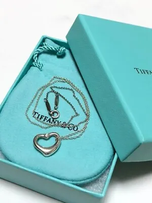 Tiffany & Co. Open Heart 2 Diamond Sterling Silver 925 Necklace Elsa Peretti • $214