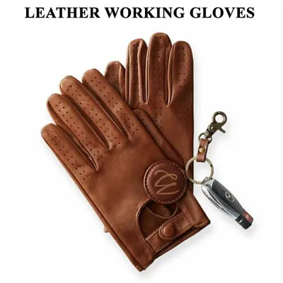 Mens Classic Driving Gloves Soft Genuine Real Lambskin Leather Unlined Black Tan • £9.99