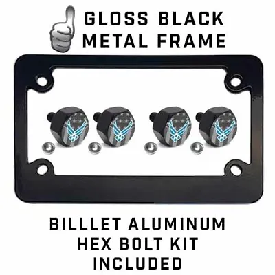 Black Metal License Plate Frame & Hex Tag Bolt Kit - USAF AIR FORCE GHOST FLAG • $13.25