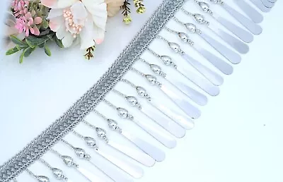 1 Yrd  Sequence Beaded Fringe Drop Shape Pearl Vintage Trim Ribbon Sewing Edging • £5.99