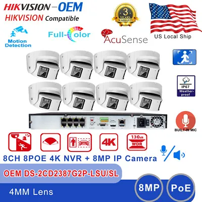 Hikvision 8CH 8POE NVR CCTV System OEM 8MP 180° Panoramic ColorVu IP Camera Lot • $209