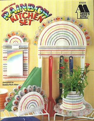 New Rainbow Kitchen Set Clock Memo & Napkin Holders Plastic Canvas Pattern Book • $4