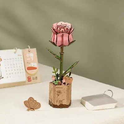 Rose Wooden Puzzle 3D Pink Flower Model Building Kit In Vase Self Assemble DIY • £9.49