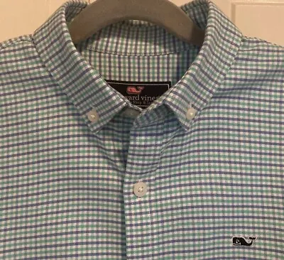 Vineyard Vines Boy’s Whale Dress Shirt Blue Green Tattersall Cotton Size M 12 14 • $15.99