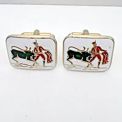 Bull Fighter Damascene Vintage Cuff Links Cloisonne Enamel Matador Scene • $17